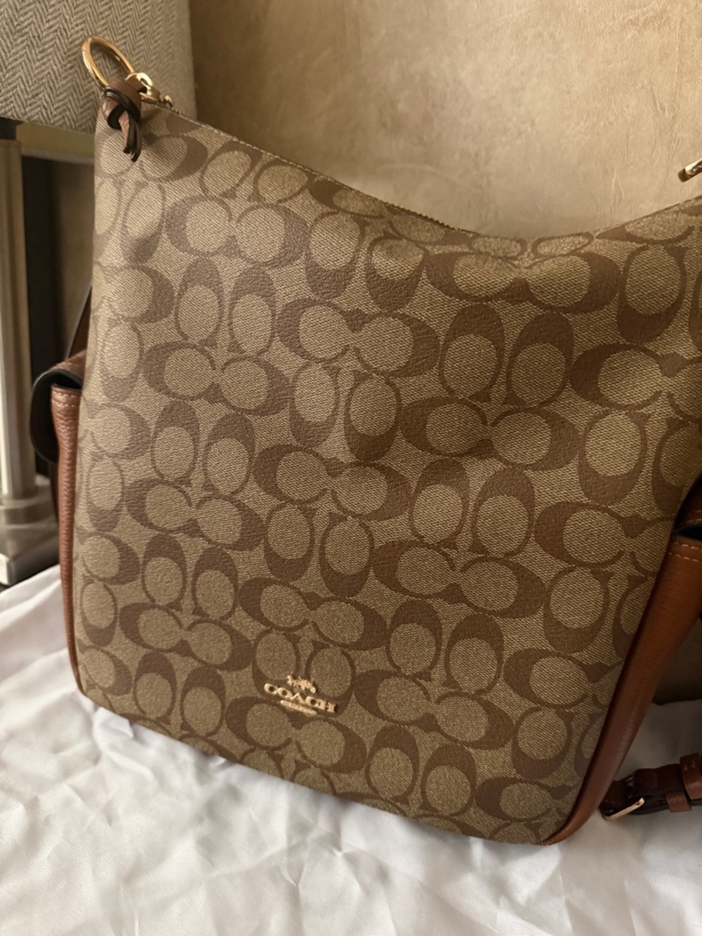 Coach Brown Signature Canvas Shoulder Bag with Leather Trim